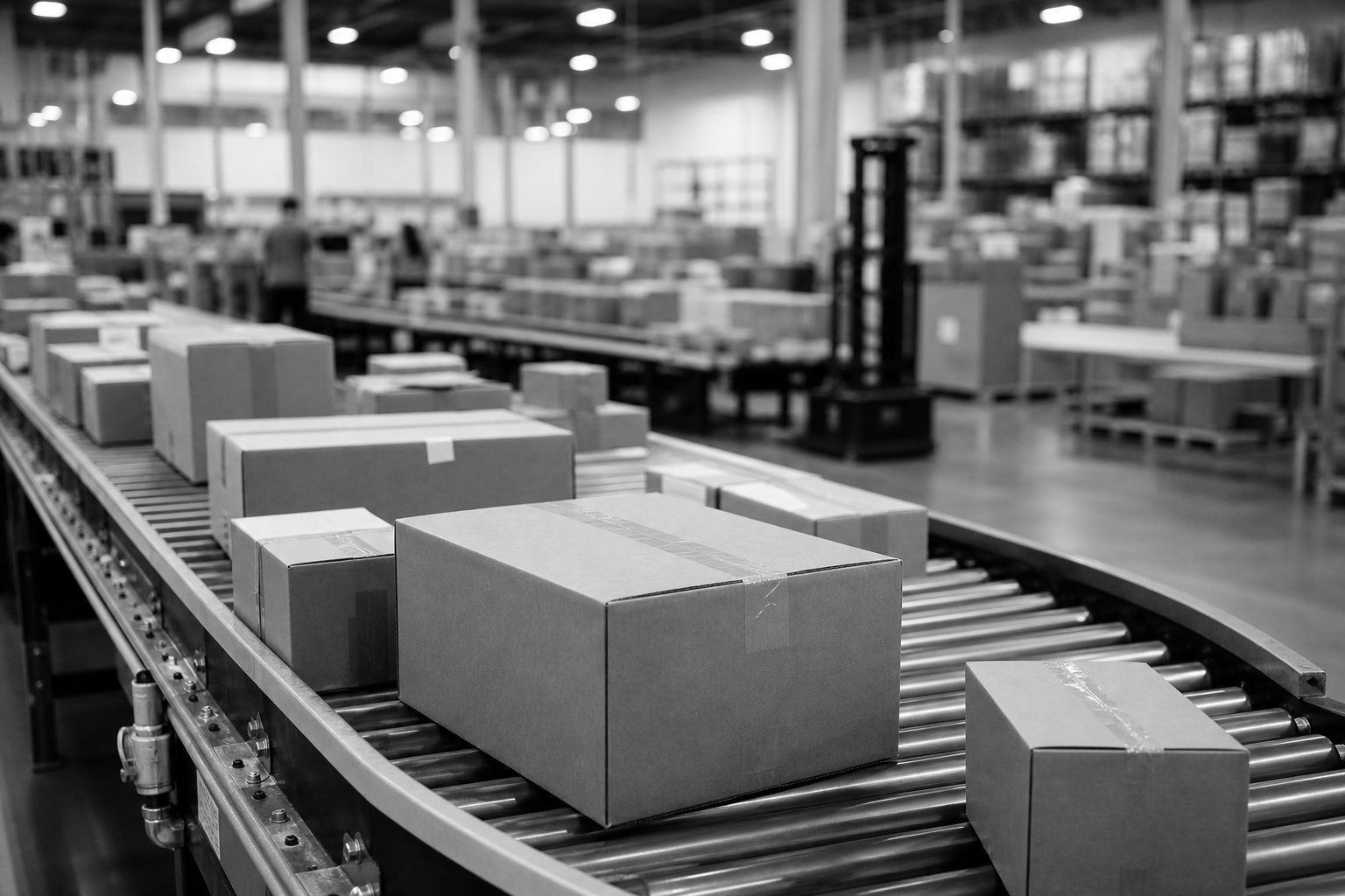 Fulfillment floor with outbound cartons moving on conveyors